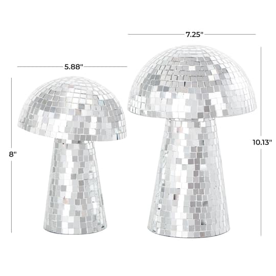 Silver Handmade Glass Mosaic Mushroom Mirror Sculpture Set